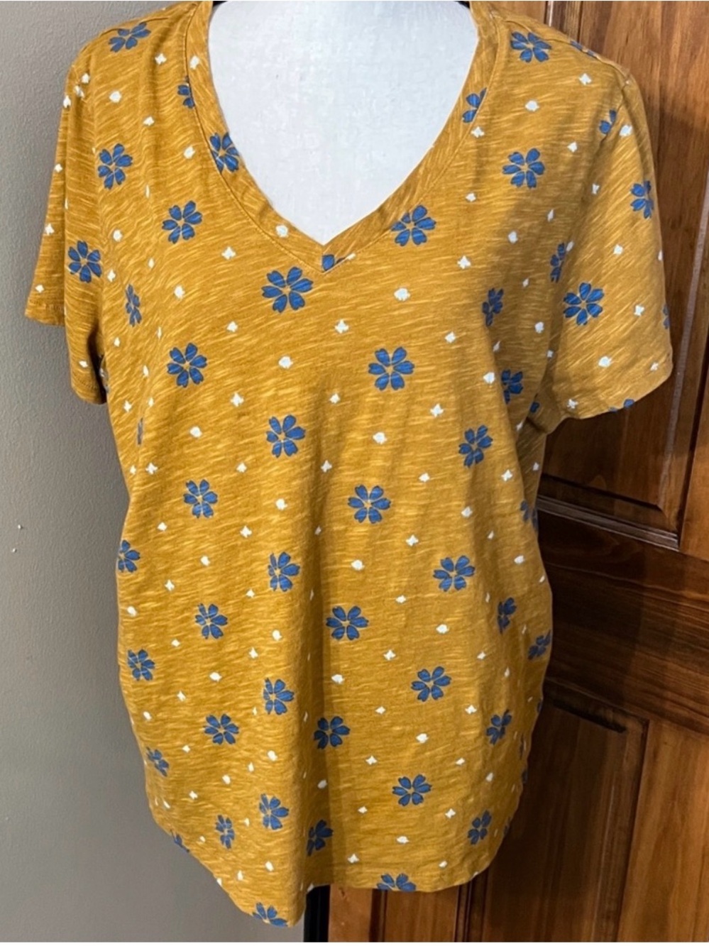 Sonoma Mustard Yellow V-Neck Short Sleeve Tee with Blue Floral Print tee